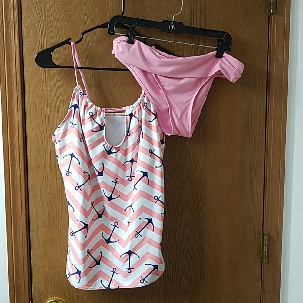 Vilania Pink Peach White Tankini Blue Anchors XXL